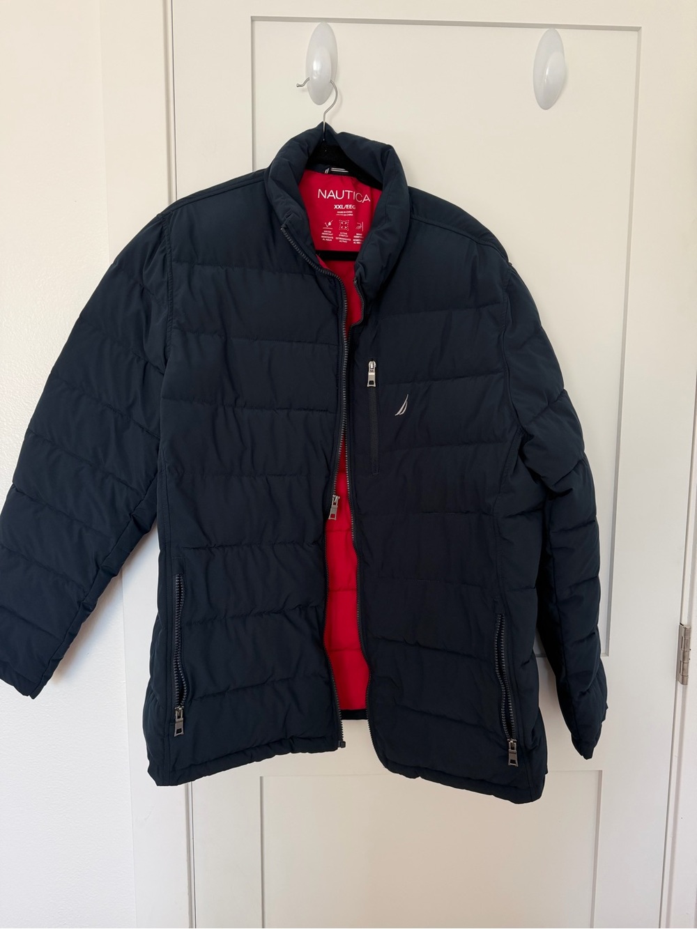 Nautica Men's Navy Quilted Puffer Jacket with Red Liner